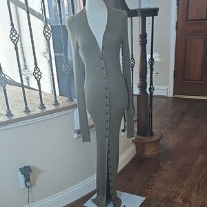 Long Silk Ribbed Button-Front Olive Maxi Dress